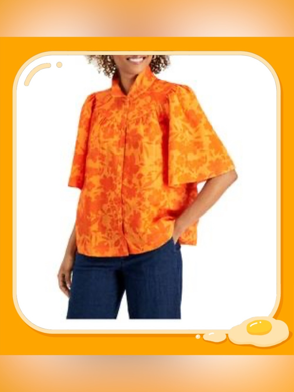 Charter Club Luxury Linen-Blend Flutter Sleeve Button-Up Top Orange Sz M Retro